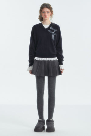 Bow Detail Checked V-Neck Jumper