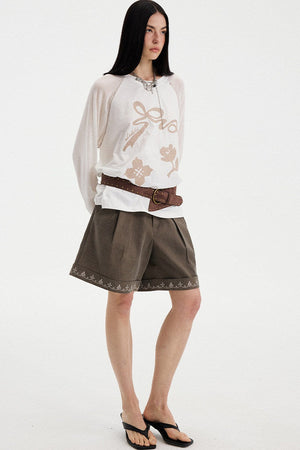 Bow Floral Spliced Long Sleeve Top
