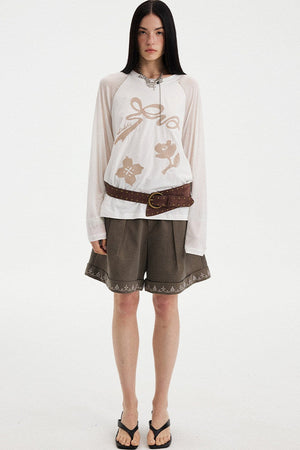 Bow Floral Spliced Long Sleeve Top