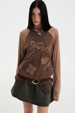 Bow Floral Spliced Long Sleeve Top