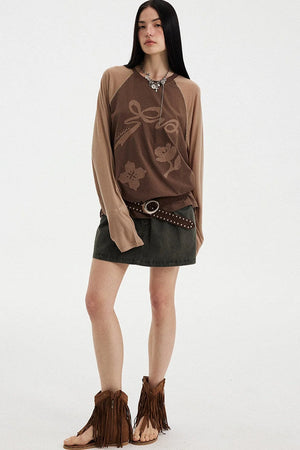 Bow Floral Spliced Long Sleeve Top
