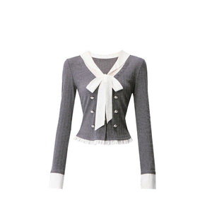 Bow Knit Fake Two-Piece College Top Set-Up