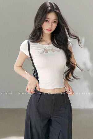 Bow Lace Cutout Short-Sleeve T-Shirt