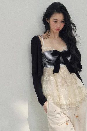 Bow Lace Plaid Top Set-Up