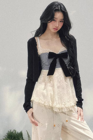 Bow Lace Plaid Top Set-Up