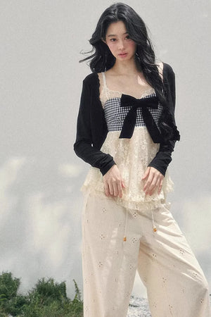 Bow Lace Plaid Top Set-Up
