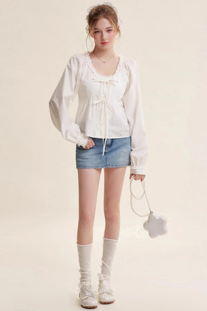 Bow Patch Denim Halter Skirt