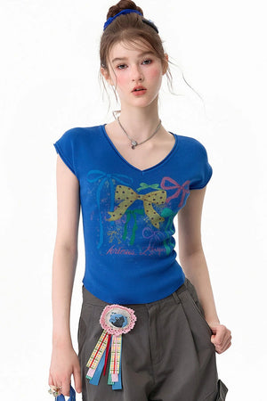 Bow Print V-Neck Short Sleeve T-Shirt