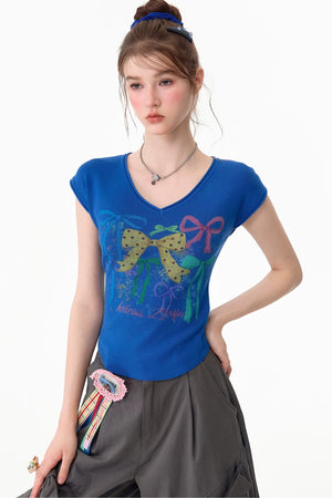 Bow Print V-Neck Short Sleeve T-Shirt