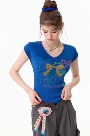 Bow Print V-Neck Short Sleeve T-Shirt