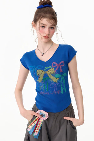 Bow Print V-Neck Short Sleeve T-Shirt
