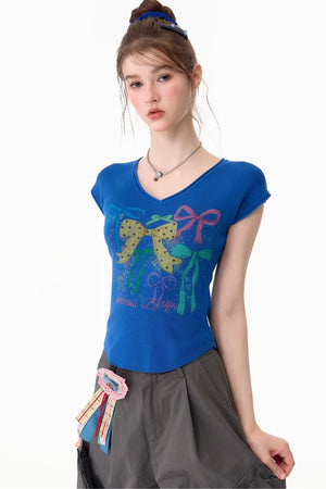 Bow Print V-Neck Short Sleeve T-Shirt