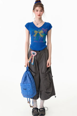 Bow Print V-Neck Short Sleeve T-Shirt