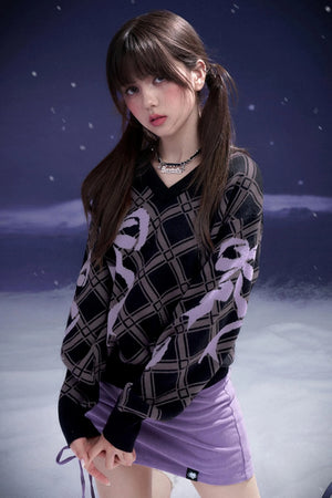 Bow Printed V-Neck Check Sweater