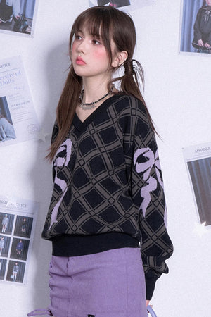 Bow Printed V-Neck Check Sweater