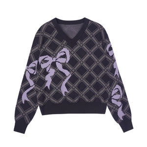 Bow Printed V-Neck Check Sweater