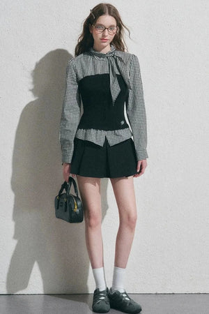 Bow Tie Spliced Shirt and Pleated Mini Skirt Set-Up
