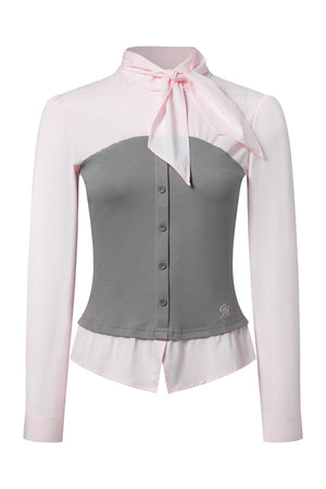 Bow Tie Spliced Shirt and Pleated Mini Skirt Set-Up