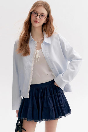 Bow Wavy Lace U-Neck Slim Top
