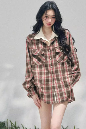 British Cafe Plaid Shirt and Short Skirt Set-Up