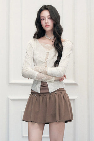 Brown Button High-Waisted A-Line Skirt