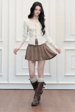 Brown Button High-Waisted A-Line Skirt