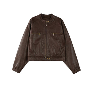 Brown Button-Up Short Leather Jacket