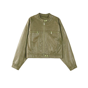 Brown Button-Up Short Leather Jacket