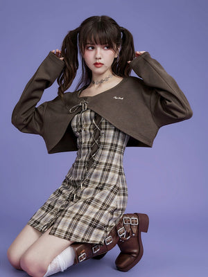 Brown checkered cardigan two-piece Set