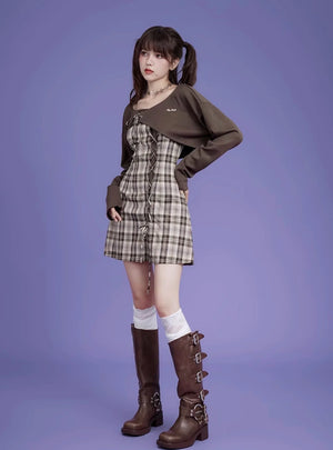 Brown checkered cardigan two-piece Set