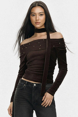Brown Flocked Off-Shoulder Top