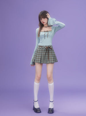 Brown-green checkered pleated Skirt