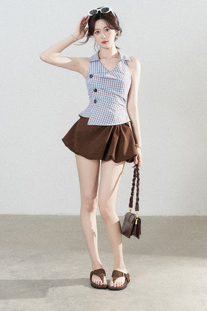 Brown Pleated Flower Bud Skirt