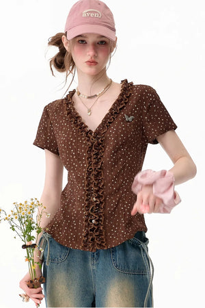 Brown Polka Dot Lace Blouse