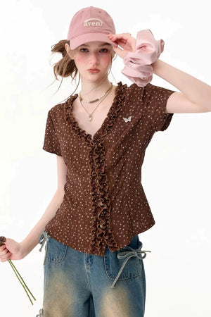 Brown Polka Dot Lace Blouse