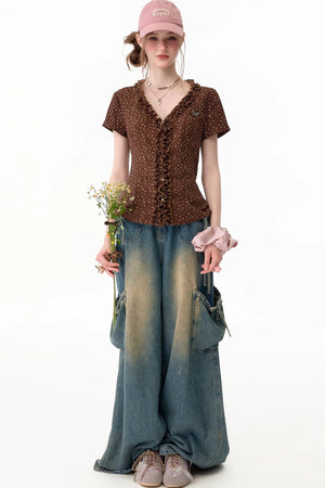 Brown Polka Dot Lace Blouse