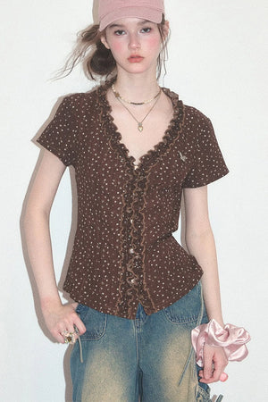 Brown Polka Dot Lace Blouse