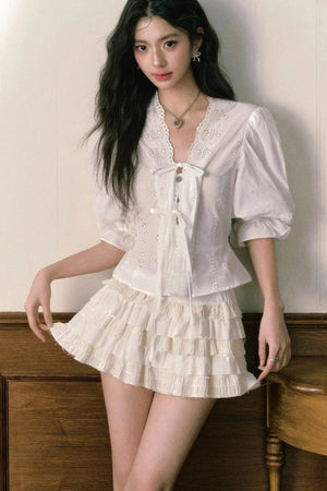 Bubble Sleeve Two Piece Cake Skirt Set-Up