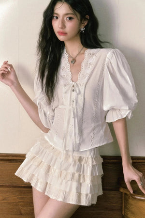 Bubble Sleeve Two Piece Cake Skirt Set-Up