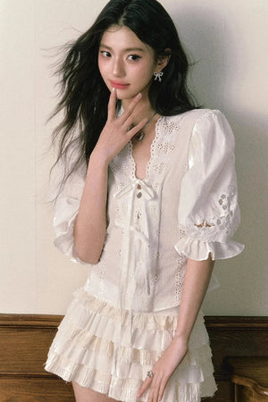 Bubble Sleeve Two Piece Cake Skirt Set-Up