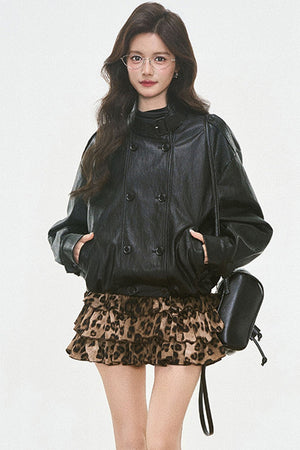 Bud-Shaped Leather Jacket and Leopard Tiered Skirt Set-Up