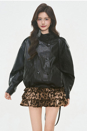 Bud-Shaped Leather Jacket and Leopard Tiered Skirt Set-Up