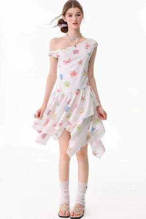 Butterfly Floral Off-Shoulder Irregular Hem Dress
