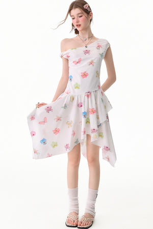Butterfly Floral Off-Shoulder Irregular Hem Dress