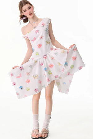 Butterfly Floral Off-Shoulder Irregular Hem Dress
