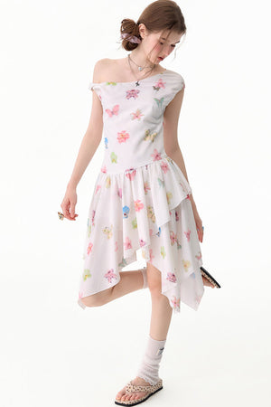 Butterfly Floral Off-Shoulder Irregular Hem Dress