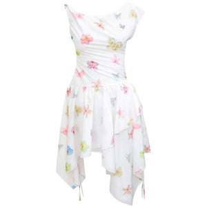 Butterfly Floral Off-Shoulder Irregular Hem Dress
