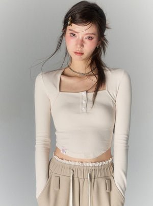 Button-embellished Square Neck Casual T-Shirt