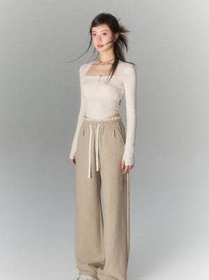 Button-embellished Square Neck Casual T-Shirt