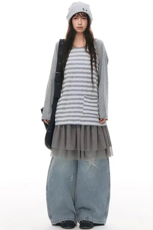 Button Striped Off-Shoulder Top